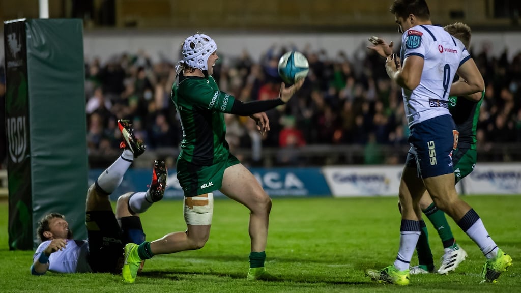Connacht’s Mack Hansen celebrates scoring a try against the Bulls. Photograph: Morgan Treacy/Inpho