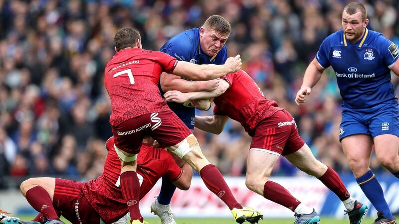Leinster’s Tadhg Furlong in action against Munster. He has been on the winning side against them on nine occasions, while losing four times. Photograph: Billy Stickland/Inpho