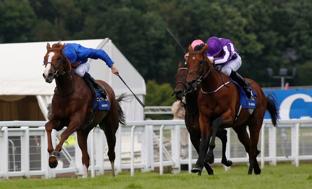 Hawkbill ridden by William Buick (left) gets the better of The Gurkha ridden by Ryan Moore to win The Coral-Eclipse  at Sandown. Photograph:   Julian Herbert/PA Wire
