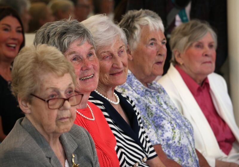 IT'S A FAIR COP: Retired gardai Angela Leavy, Noeline McGrath, Sarah McGuinness, Mary O'Donnell and Brid Wymbs at an event in Farmleigh House in Dublin marking the 60th anniversary of women being permitted to join the Garda. All five women were part of the very first intake of 12 women recruits in the "class of '59". Photograph: Crispin Rodwell