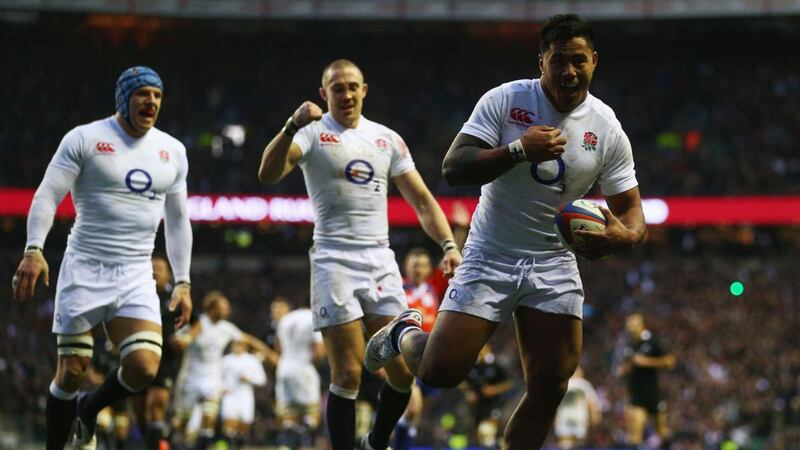 Manu Tuilagi celebrates scoring a try during England’s last win over New Zealand in 2012. Photograph: Clive Rose/Getty