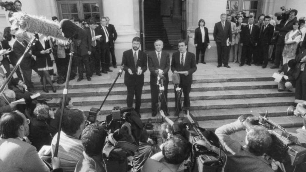 Gerry Adams, Albert Reynolds and John Hume after their meeting in Government Buildings, Dublin, when they publicly shook hands before the world media in September 1994. Photograph: Matt Kavanagh