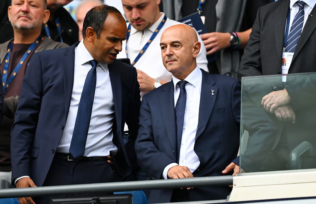 Vinai Venkatesham, CEO of Tottenham Hotspur, and Daniel Levy, departing chairman. Photograph: Clive Mason/Getty