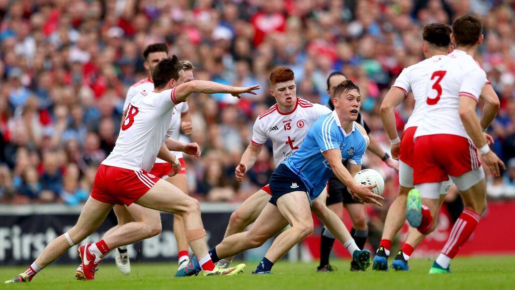Tyrone’s Colm Cavanagh and Cathal McShane tackle Con O’Callaghan of Dublin at Healy Park, Omagh on Saturday. Photograph: James Crombie/Inpho