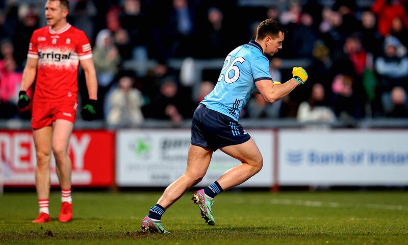 Dublin’s Cormac Costello celebrates scoring his side’s first goal against Derry at Celtic Park, earlier this month. Photograph: Ryan Byrne/Inpho