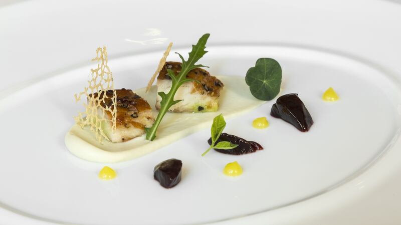 Connemara Smokehouse mackerel with soy and hibiscus jelly, Jerusalem artichoke purée and buckwheat dentelle. Photograph: Paul Sherwood