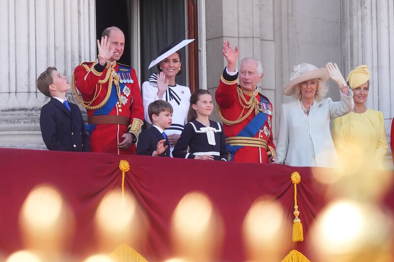 Members of the UK's Royal Family on the balcony of Buckingham Palace after the King's birthday parade. Photograph: James Manning/AFP/Getty Images.
