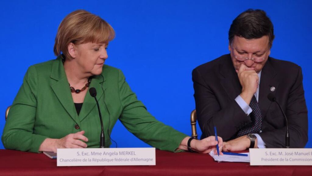 German chancellor Angela Merkel and European Commission President José Manuel Barroso attend a news conference at the end of an international summit on youth unemployment at the Élysée Palace in Paris on Tuesday. Photograph: Reuters/Philippe Wojazer