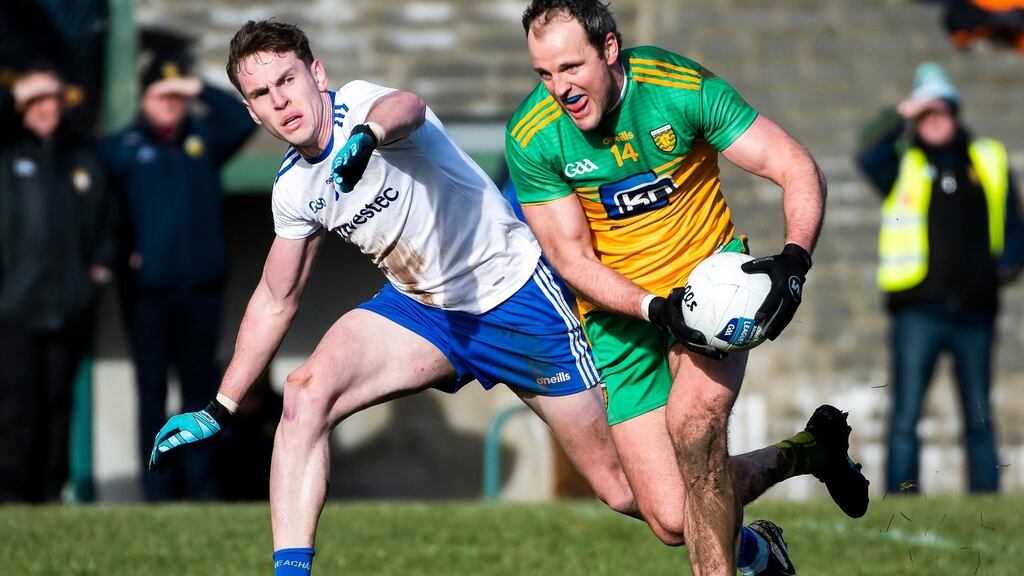 Donegal’s Michael Murphy and Monaghan’s Niall Kearns in action. Photograph: Evan Logan/Inpho