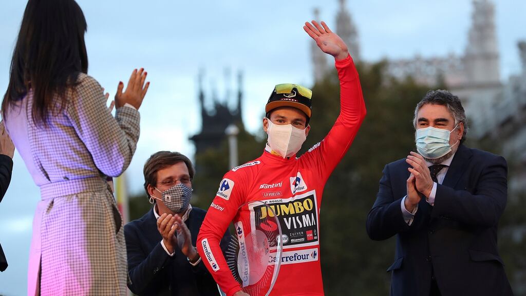 Slovenian rider Primoz Roglic of the Jumbo-Visma team celebrates in Madrid on the podium after winning the Vuelta a Espana 2020. File photograph: EPA