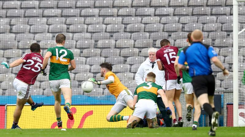 Galway’s Patrick Sweeney scores a late goal. Photograph: James Crombie/Inpho