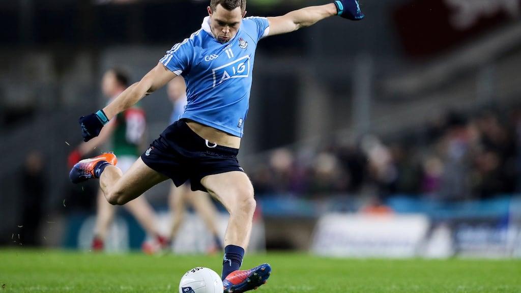 Dublin’s Dean Rock scores a point from a free kick against Mayo in the Allianz League. Photograph: Tommy Dickson/Inpho