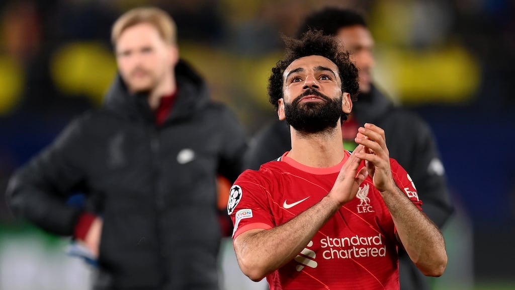 Mohamed Salah of Liverpool applauds the fans after victory. Photograph: David Ramos/Getty