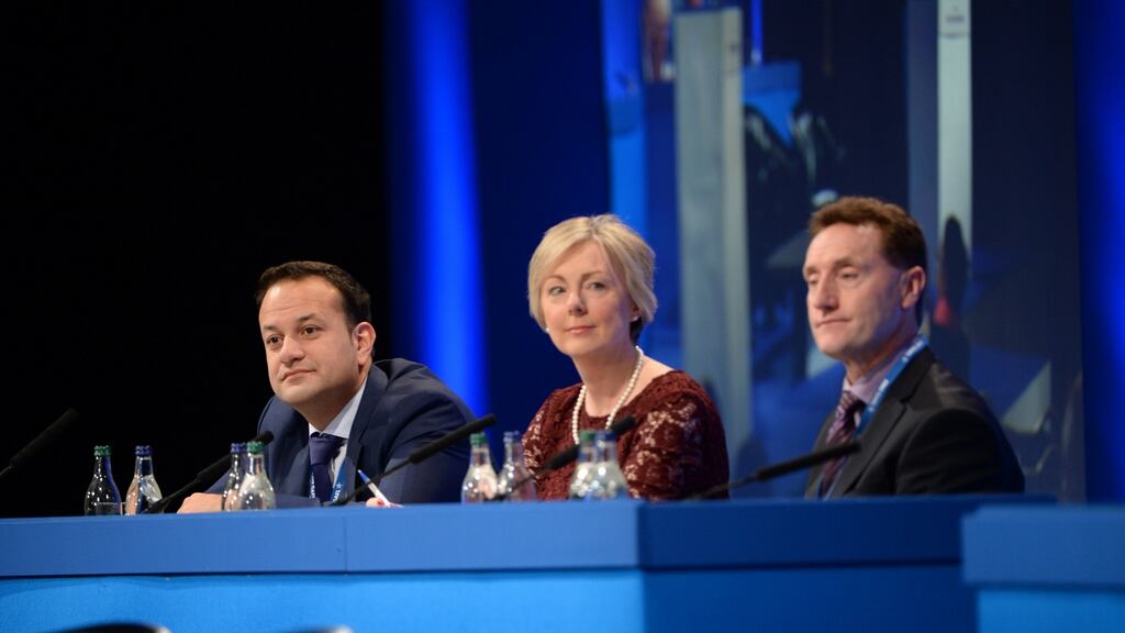 Minister for Health Leo Varadkar, Regina Doherty and Peter Fitzpatrick at the Fine Gael Ardfheis. Photograph: Dara Mac Dónaill