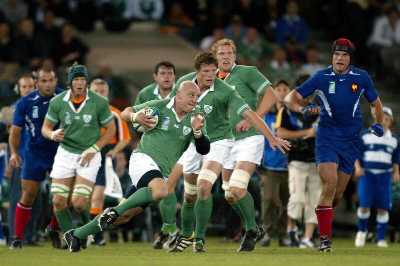 The inspirational Keith Wood in action for Ireland against France in the 2003 World Cup quarter-final. Photograph: Manuel Blondeau