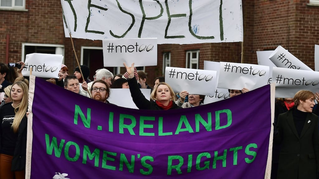 Protestors demonstrate outside Kingspan stadium on April 13th. The trial of rugby players Paddy Jackson and Stuart Olding resulted in a number of protests across the country. All four men in that trial were acquitted. Photograph: Charles McQuillan/Getty Images