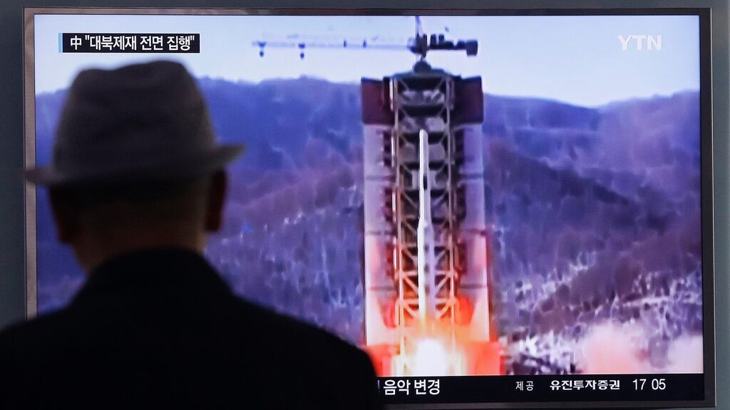 A man watches a TV news program showing a file footage of North Korea’s rocket launch at Seoul Railway Station in Seoul, South Korea, Thursday, April 28th, 2016. Photograph: Ahn Young-joon/AP Photo