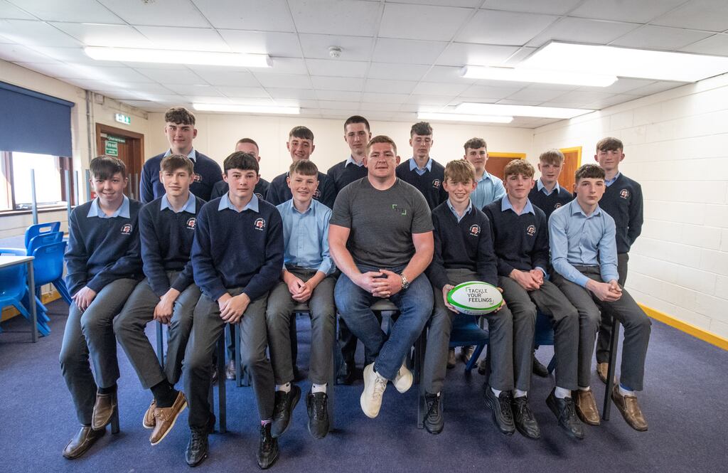 Ireland international and Leinster rugby player Tadhg Furlong, alongside students from Good Counsel College in New Ross. Photograph: Evan Treacy/Inpho