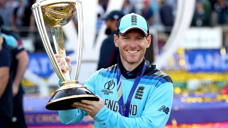 England’s Eoin Morgan celebrates their win with the trophy during the ICC World Cup Final at Lord’s, London. Photograph: Nick Potts/PA Wire.