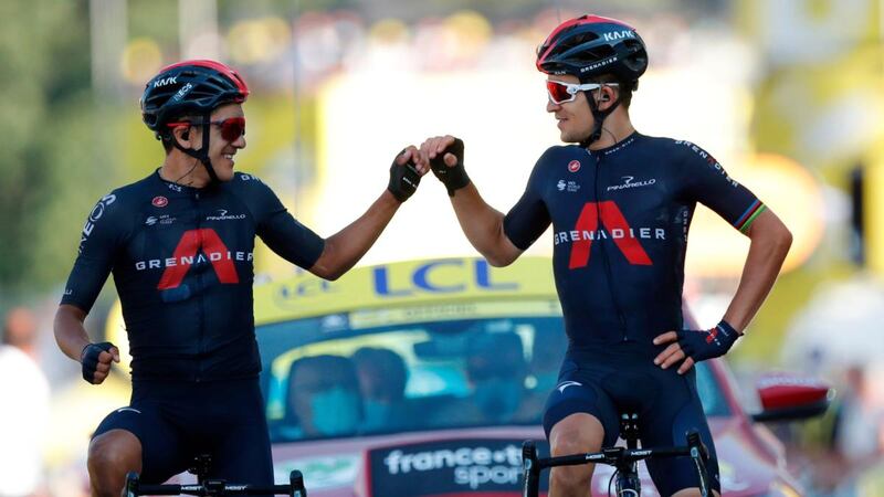 Team Ineos ride Michal Kwiatkowski (right) celebrates as he crosses the finish line ahead of team-mate Richard Carapaz during stage 18 of the Tour de France between Meribel and La Roche sur Foron. Photograph: Stephane Mahe/AFP via Getty Images