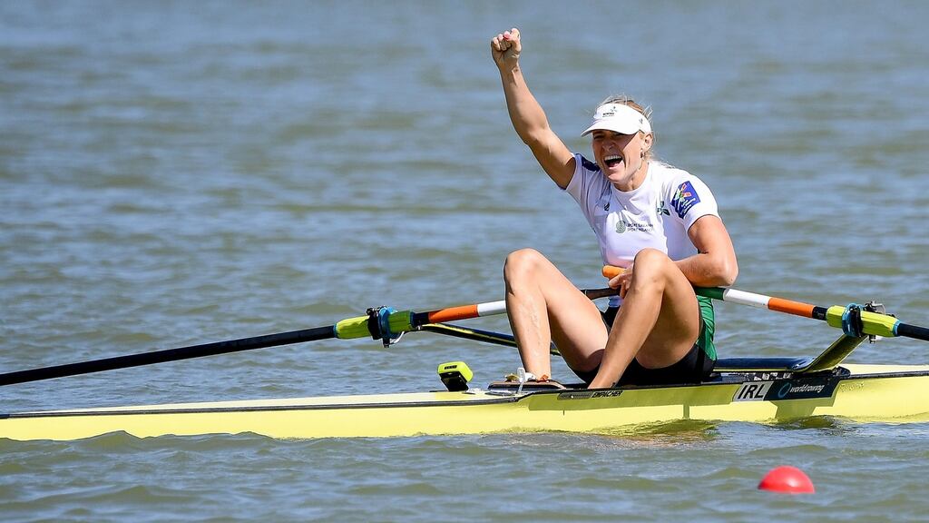 Ireland’s Sanita Puspure celebrates winning the gold medal at the World Rowing Championships in Bulgaria. Photograph: Detlev Seyb/Inpho