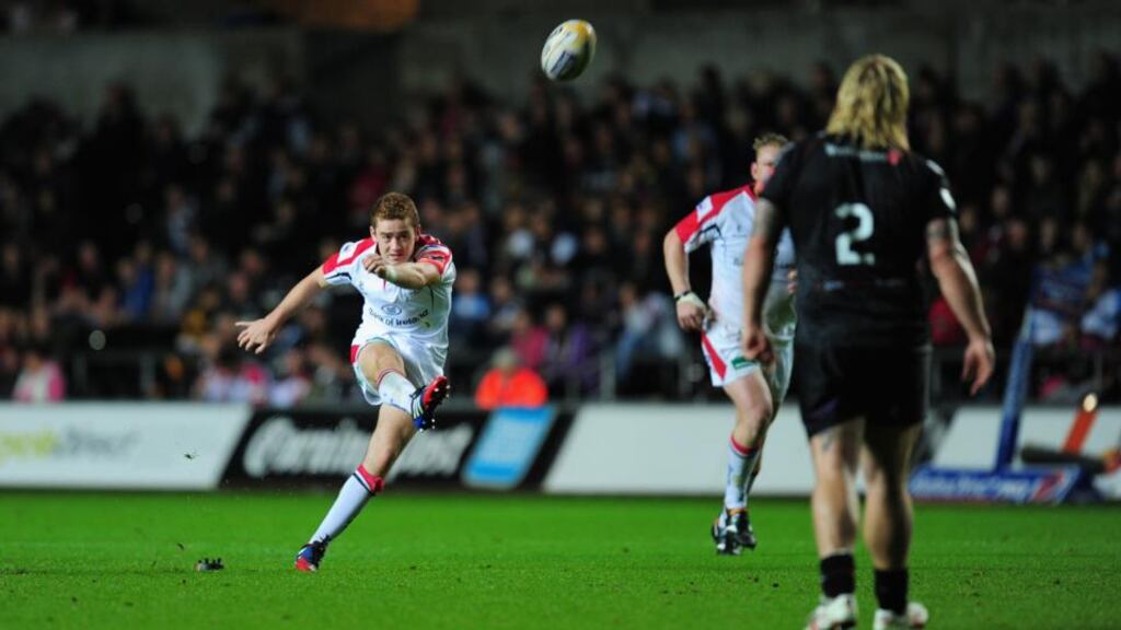 Ulster’s Paddy Jackson kicks a penalty during the RaboDirect Pro 12 match against Ospreys at Liberty Stadium. Photograph: Stu Forster/Getty Images