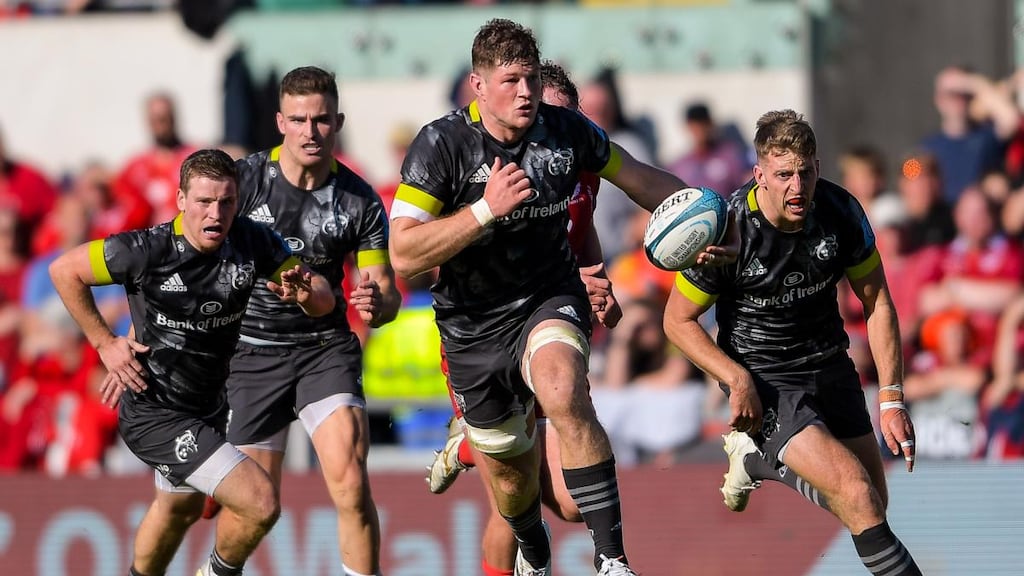 Munster’s Jack O’Donoghue makes a break during the United Rugby Championship match at Parc y Scarlets in Llanelli. Photograph: Ryan Hiscott/Inpho