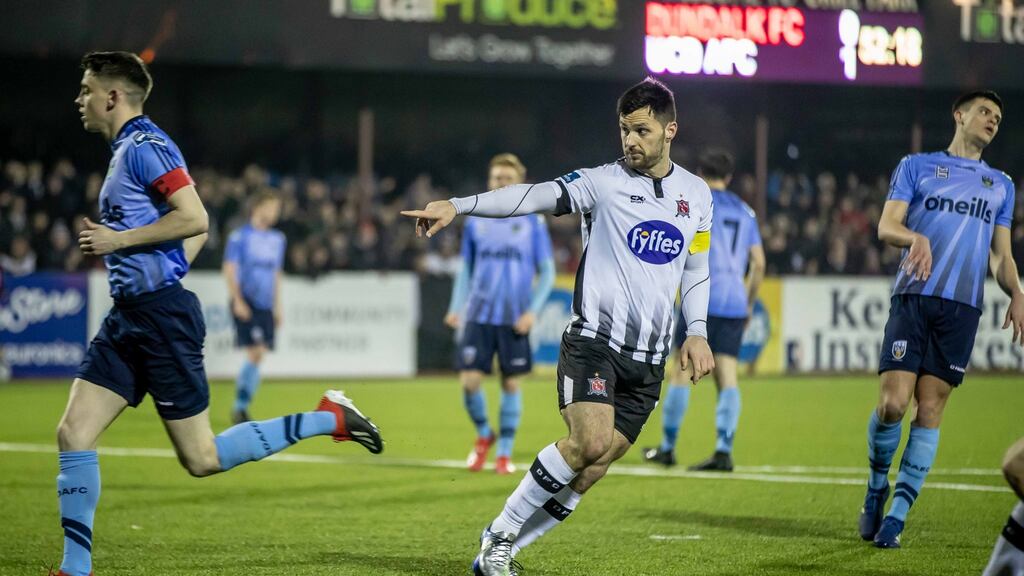 Dundalk’s Patrick Hoban celebrates scoring from the penalty spot during their Airtricity League win over UCD. Photo: Morgan Treacy/inpho