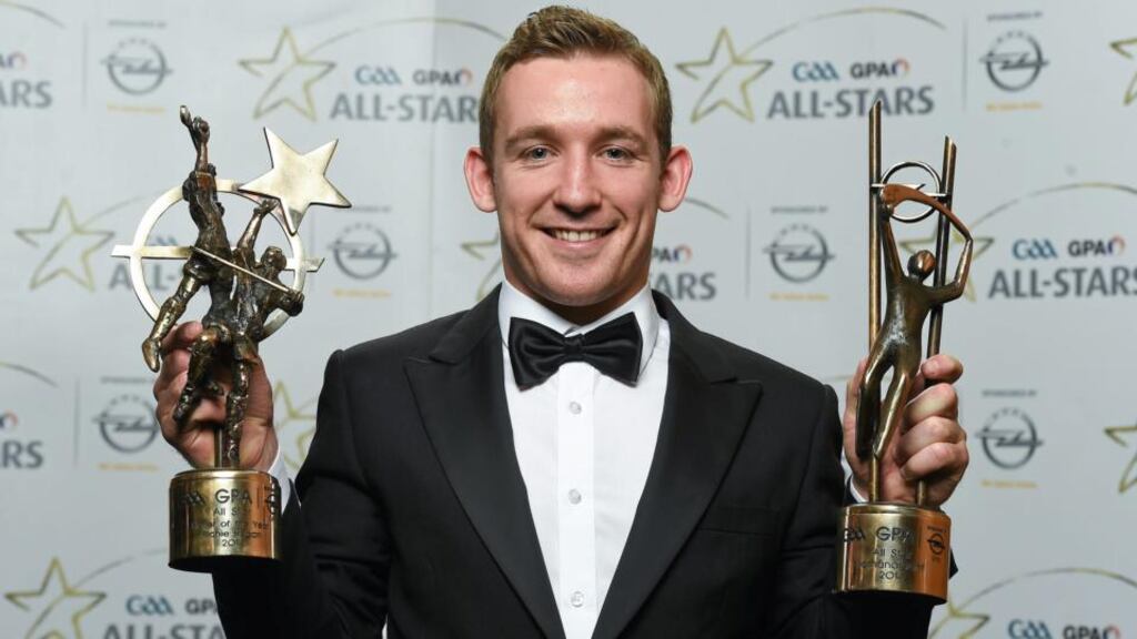 Kilkenny’s Richie Hogan with his 2014 GAA GPA All Star award and Hurler of the Year award at the 2014 GAA GPA All Star Awards at the Convention Centre in Dublin. Photograph: Paul Mohan/Sportsfile