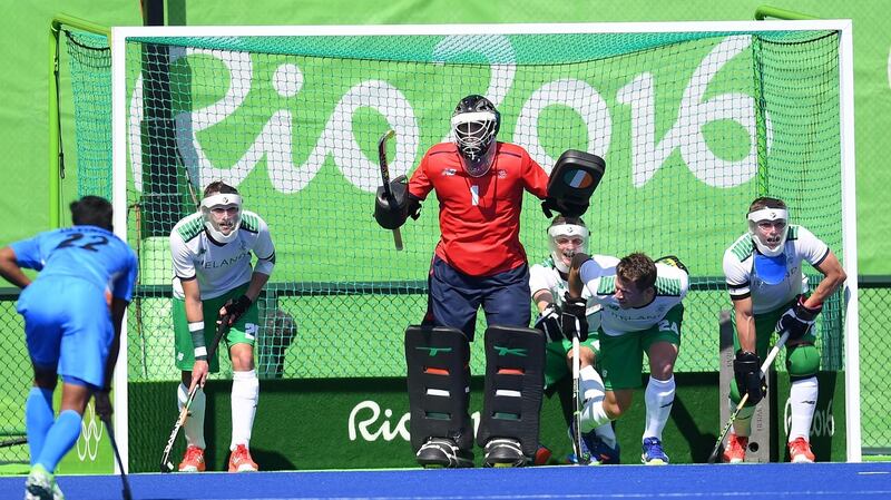 Ireland’s David Harte (C) and teammates defend their goal. Photo: Getty Images