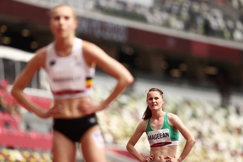 Ciara Mageean after competing in round one of the Women's 1500m heats at the Tokyo Olympics when injury limited her challenge. Photograph: Ryan Pierse/Getty Images