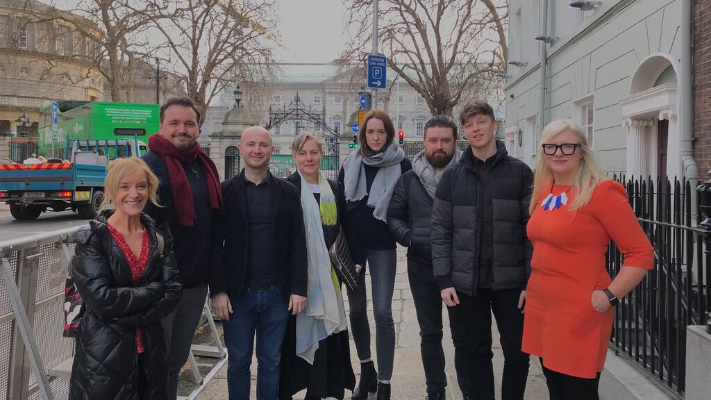 The Theatre Forum delegation on their way into Leinster House on Tuesday to present research on precarious employment in performing arts. From left, theatre artists Louise Lowe, Gary Keegan, Peter Daly (Theatre Forum chair), Anna Walsh (Theatre Forum director), Liv O’Donoghue, Peter Power, Shaun Dunne and Irma McLoughlin (Theatre Forum general manager)
