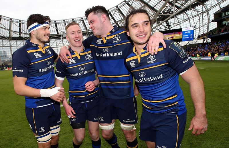 Max Deegan (L) with Rory O’Loughlin, James Ryan and James Lowe after Leinster’s Champions Cup win over Saracens. Photograph: Tommy Dickson/Inpho
