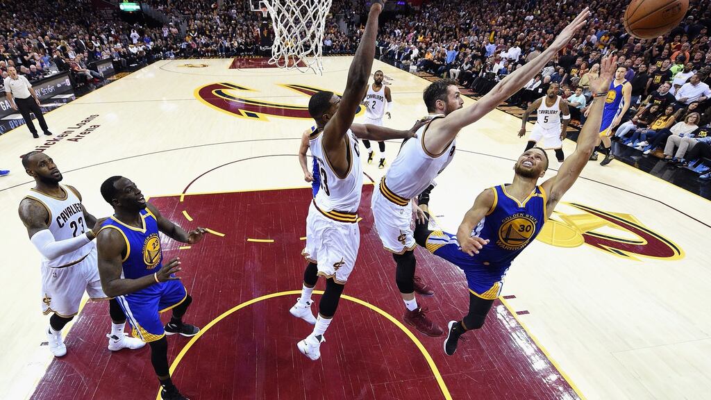 Golden State Warriors’ Steph Curry in action against the Cleveland Cavaliers during Game 3 of the NBA Finals at Quicken Loans Arena in Cleveland, Ohio. Photograph: Kyle Terada/Getty Images