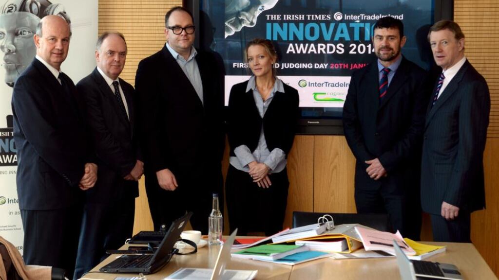 Pat Daly, Principal Research Officer, Teagasc, with Liam Kavanagh, MD of the Irish Times; Timothy Brundle, Director of Innovation University of Ulster; Dr Marion Boland, Head of Post Award Programmes Directorate, Science Foundation Ireland; Aidan Gough, Strategy and Policy Director, InterTrade Ireland; Professor Frank Roche, Deputy College Principal, UCD Michael Smurfit Graduate Business School, in the Irish Times Building on Tara Street Dublin for the first round of the Irish Times/ InterTradeIreland Innovation Awards 2014. Photograph: David Sleator