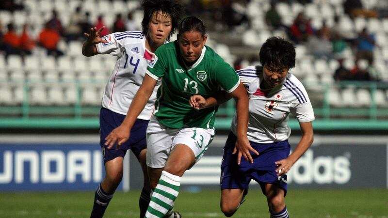Republic of Ireland’s Rianna Jarrett takes on Japan’s Haruka Hamada and Hikari Takagi in the Women’s Under-17 World Cup in 2010. Photograph: James Crombie/Inpho