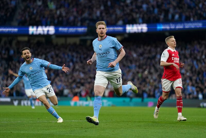 Kevin De Bruyne celebrates scoring his side's first goal of the game, Manchester. Photograph: Martin Rickett/PA
