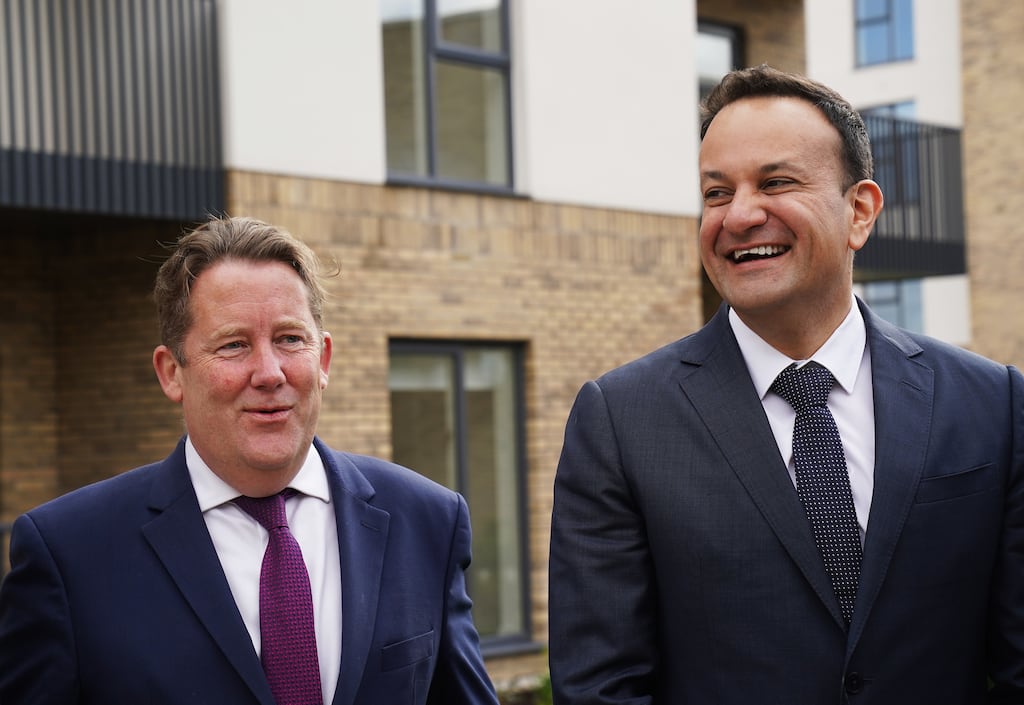 Minister for Housing Darragh O'Brien and Taoiseach Leo Varadkar during a site visit of new housing projects in Delgany, Co Wicklow. Photograph: PA Images