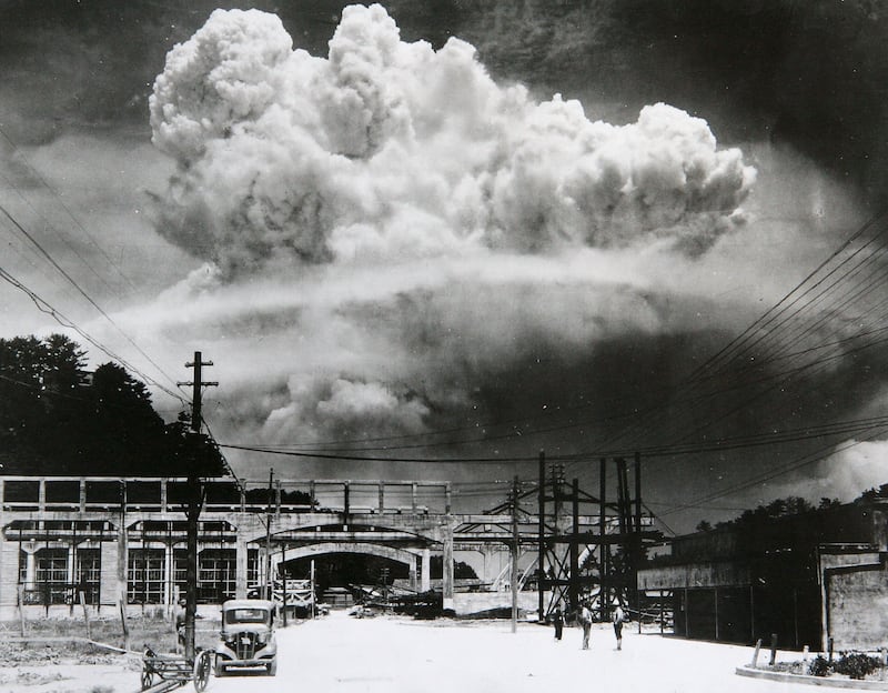 Atom bomb: the radioactive plume rises over Nagasaki on August 9th, 1945. Photograph: Hiromichi Matsuda/Nagasaki Atomic Bomb Museum/Getty