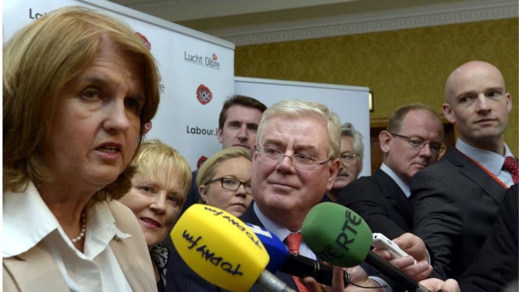 Minister for Social Protection Joan Burton and Tánaiste Eamon Gilmore at the Labour Party think-in in Enfield, Co Meath, yesterday. Photograph: Brenda Fitzsimons