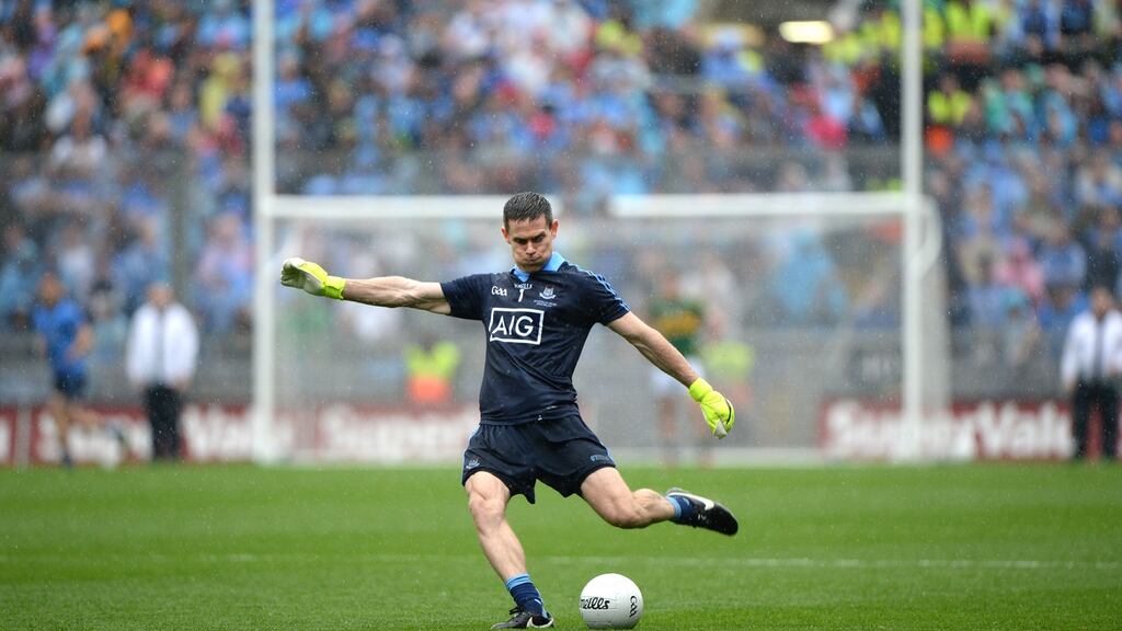 Currently, goalkeepers or whoever is taking the kick-out are permitted to kick the ball the requisite 13 metres but to the side of the goal, allowing an unmarked defender to take uncontested possession. Photograph: Dara Mac Donaill.