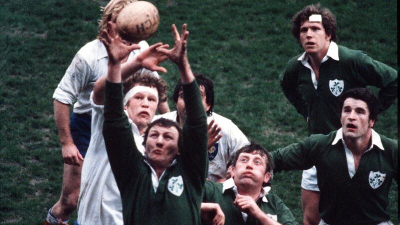 Willie Duggan wins a lineout for Ireland against France in 1981 as Moss Keane, John O’Driscoll and Fergus Slattery look on. Photograph: Billy Stickland/Inpho