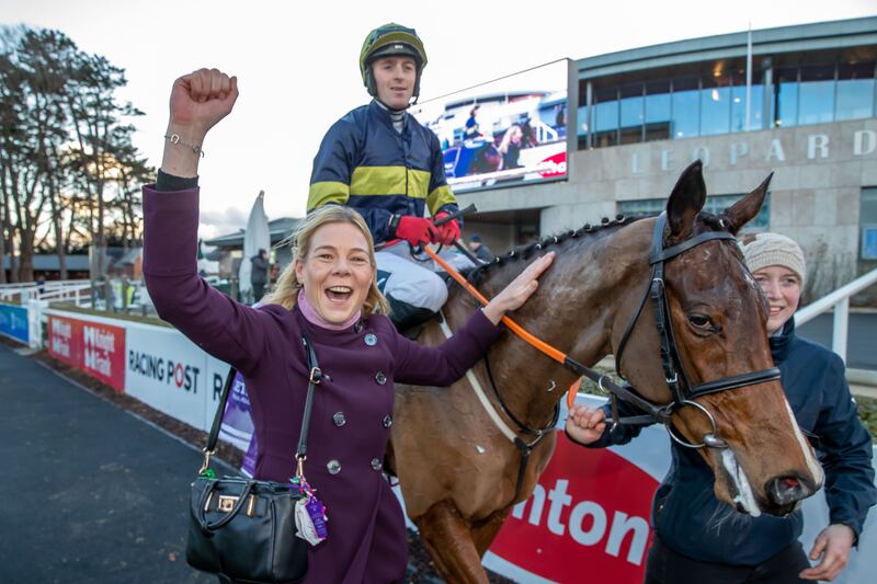 Anna McArdle celebrates after Final Orders with rider Keith Donoghue won the 'Bet Through The Free Racing Post App Handicap Steeplechase' at the Leopardstown Christmas Festival, Dublin, last Christmas. Photograph: Morgan Treacy/Inpho