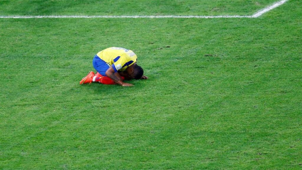 Ecuador’s Michael Arroyo reacts after a missed chance against France. Photograph: Ricardo Moraes/Reuters