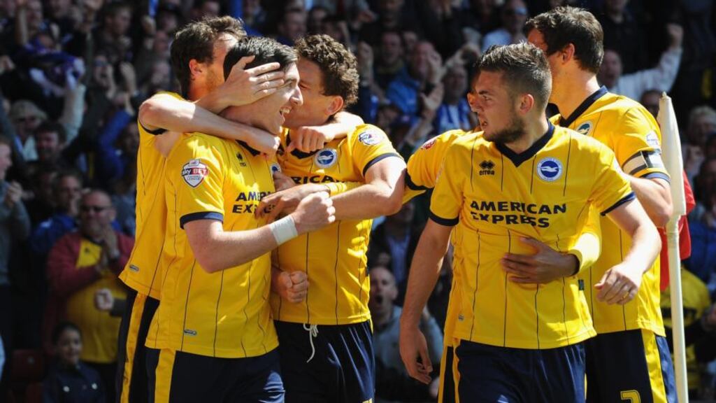 Stephen Ward is congratulated by his of Brighton team-mates aafter scoring the equaliser against Nottingham Forest during the Championship match at the City Ground in Nottingham. Photograph: Tony Marshall/Getty Images