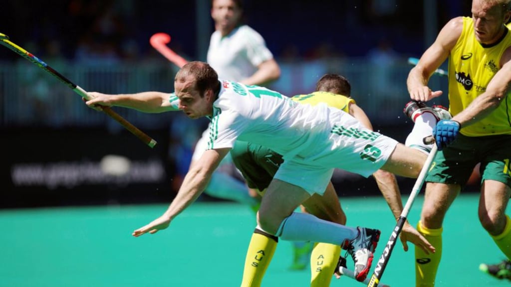 Ireland’s Peter Caruth ships a heavy tackle during the World League Round 3 quarter-final game against Australia in Antwerp. Photograph: Frank Uijlenbroek/Inpho