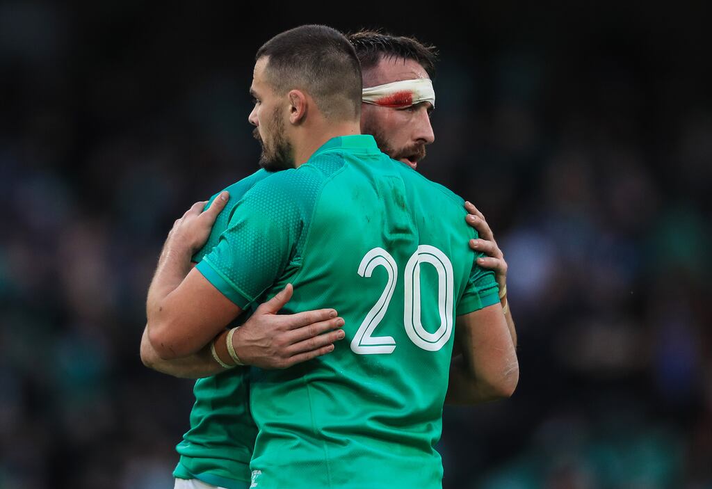 Ireland's Jack Conan celebrates with Max Deegan after the game. Photograph: Evan Treacy/Inpho