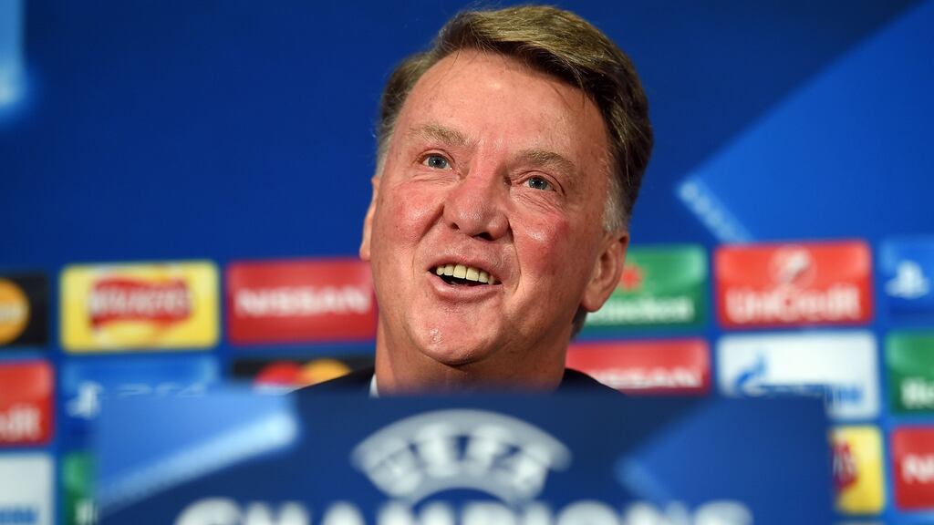 Manchester United manager Louis van Gaal smiles during a press conference ahead of Wolfsburg’s visit to Old Trafford. Photograph: Paul Ellis/AFP/Getty Images