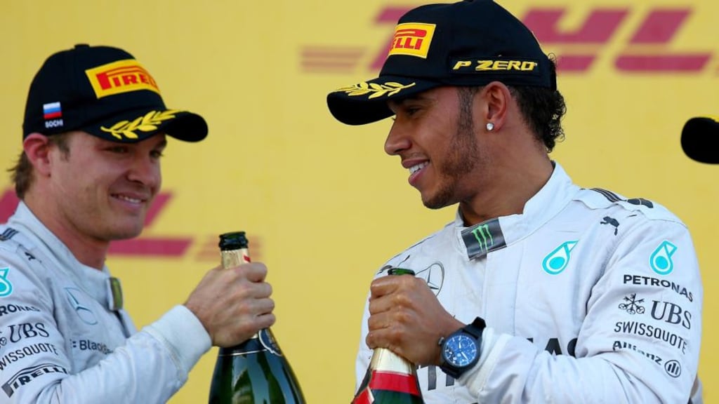 Nico Rosberg and Lewis Hamilton both drive for the same team and the same car, Mercedes. Hamilton appears quicker but more impulsive, Rosberg more calculating but lacking flamboyance. Photograph: Mark Thompson/Getty Images