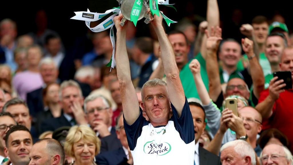 John Kiely lifts the Liam MacCarthy cup after Limerick’s first All-Ireland success since 1973 at Croke Park last August. Photograph: James Crombie/Inpho